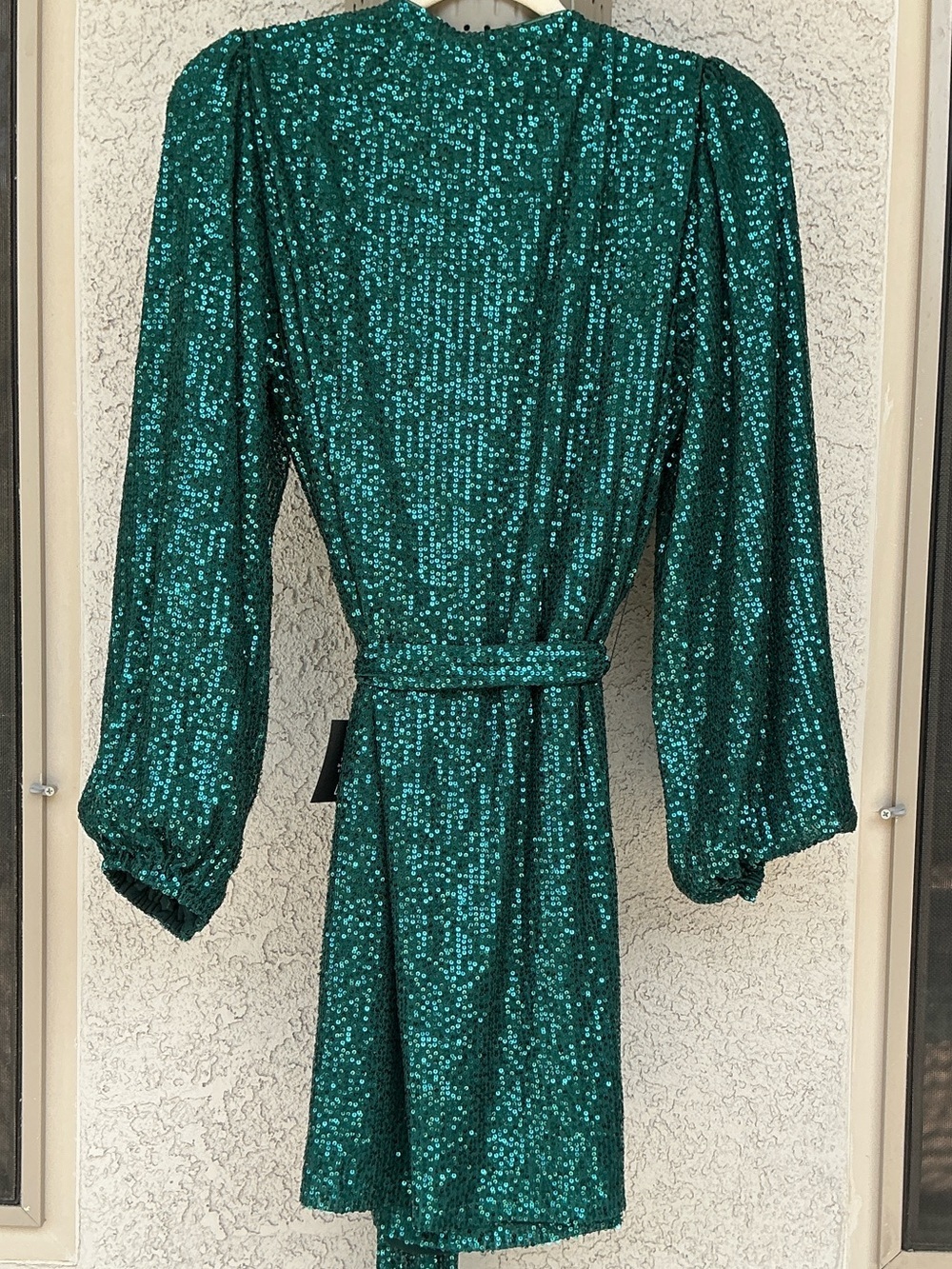 NWT Lulu’s Sparkly Darling Emerald Green Sequin Long Sleeve Wrap Mini Dress Chic - Picture 11 of 12